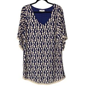 Umgee USA Navy Beige Lace Textured Dot Tunic Dress Lined Boho Size Large